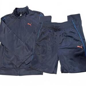 Puma 2 Piece Track Suit, Full Zip Jacket & Pants "Dark Blue / Orange" - Boys M